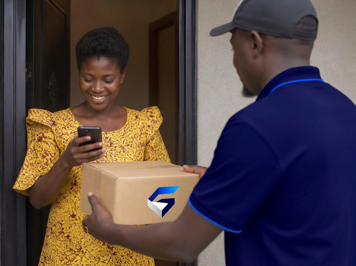 Customer receiving a parcel at her door