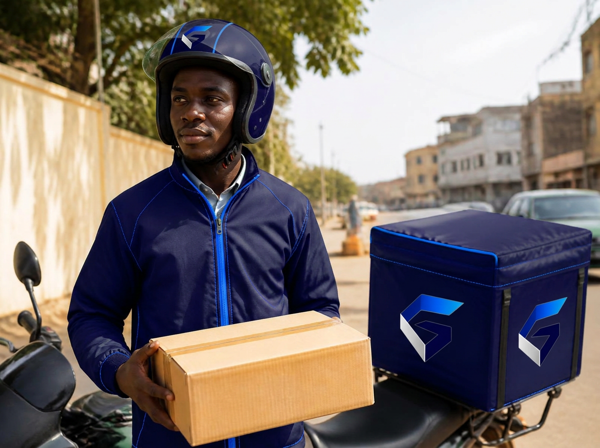 GhenFar delivery agent holding a parcel beside a motorbike on a Cameroonian street