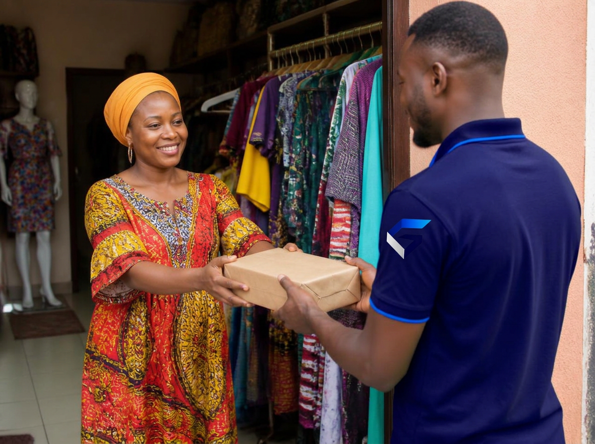 Shop owner handing a parcel to a delivery courier